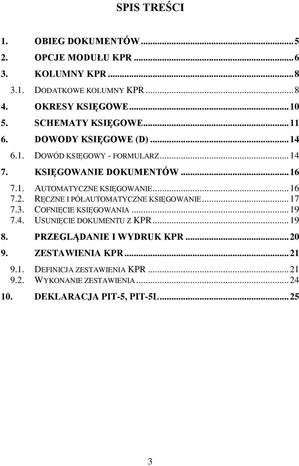 .. 16 7.2. RĘCZNE I PÓŁAUTOMATYCZNE KSIĘGOWANIE... 17 7.3. COFNIĘCIE KSIĘGOWANIA... 19 7.4. USUNIĘCIE DOKUMENTU Z KPR... 19 8.