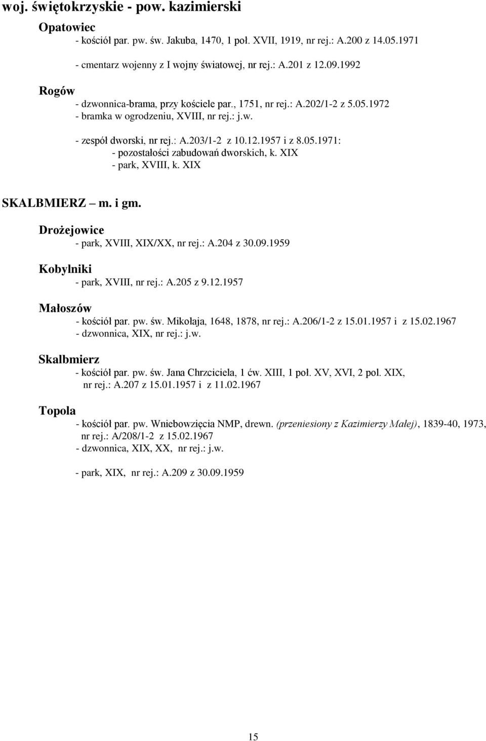 XIX - park, XVIII, k. XIX SKALBMIERZ m. i gm. Drożejowice - park, XVIII, XIX/XX, nr rej.: A.204 z 30.09.1959 Kobylniki - park, XVIII, nr rej.: A.205 z 9.12.1957 Małoszów - kościół par. pw. św.