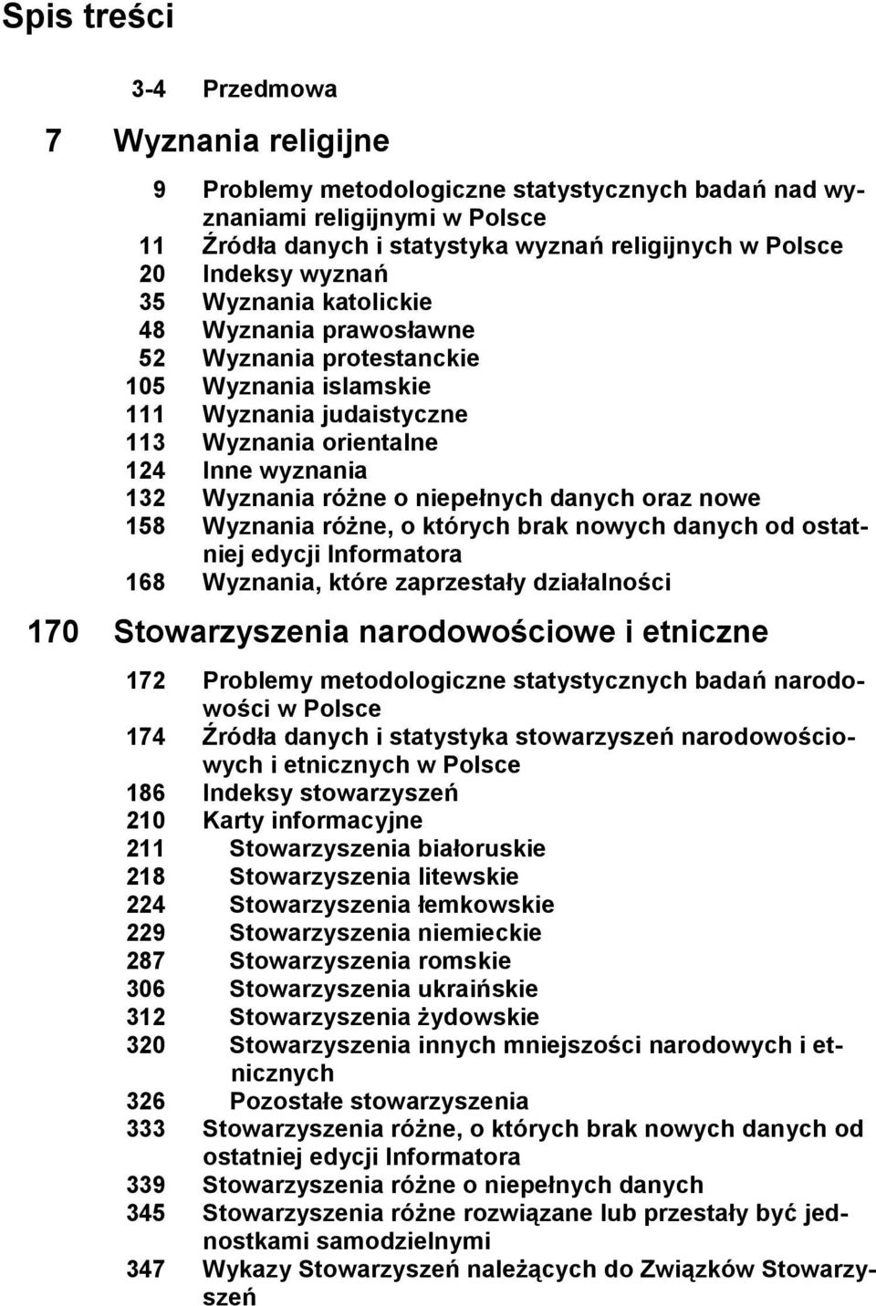 niepełnych danych oraz nowe 158 Wyznania różne, o których brak nowych danych od ostatniej edycji Informatora 168 Wyznania, które zaprzestały działalności 170 Stowarzyszenia narodowościowe i etniczne