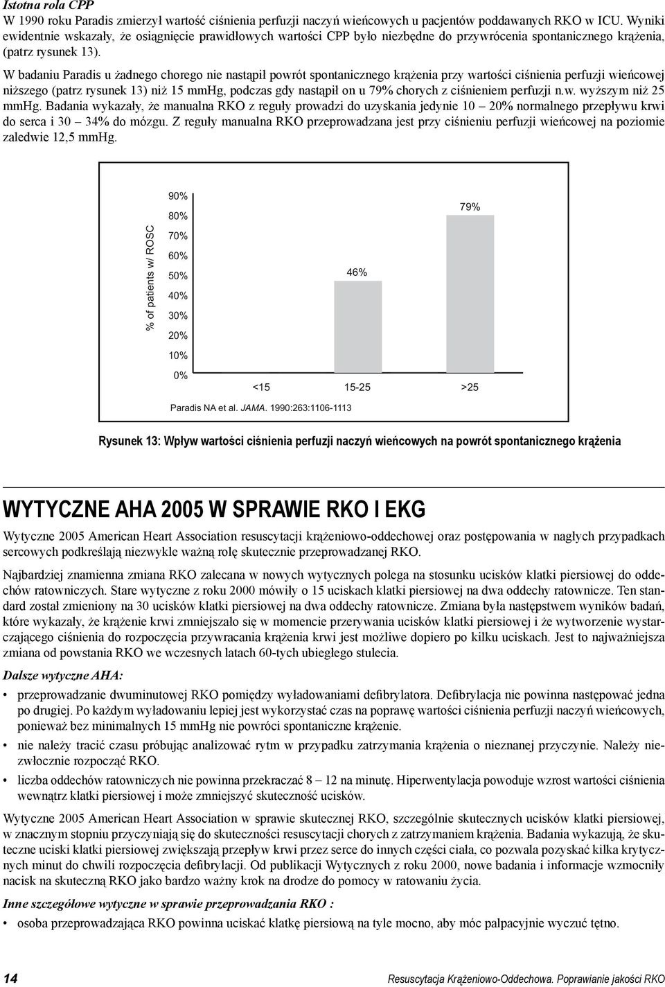 W badaniu Paradis u żadnego chorego nie nastąpił powrót spontanicznego krążenia przy wartości ciśnienia perfuzji wieńcowej niższego (patrz rysunek 13) niż 15 mmhg, podczas gdy nastąpił on u 79%