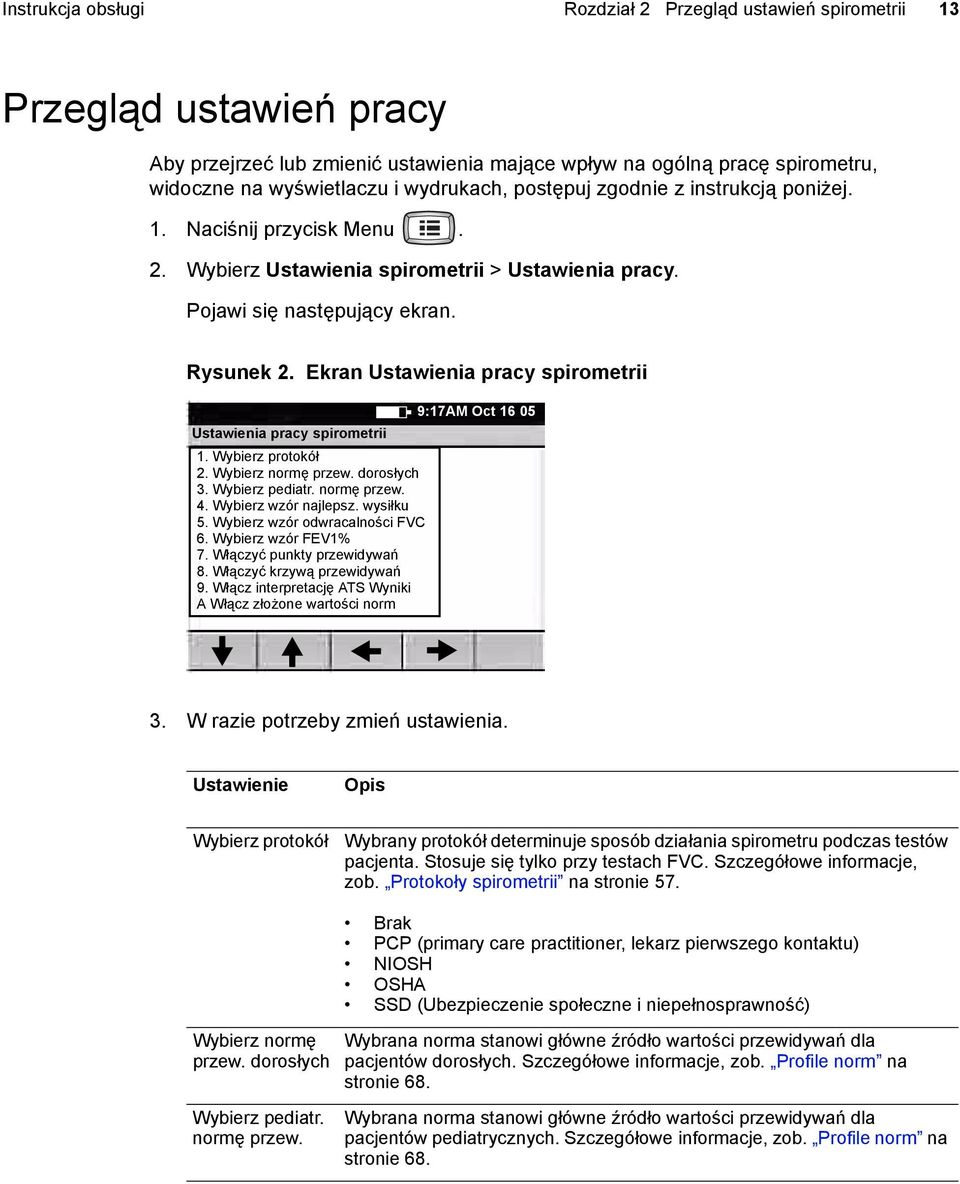 Ekran Ustawienia pracy spirometrii 9:17AM Oct 16 05 Ustawienia pracy spirometrii 1. Wybierz protokół 2. Wybierz normę przew. dorosłych 3. Wybierz pediatr. normę przew. 4. Wybierz wzór najlepsz.