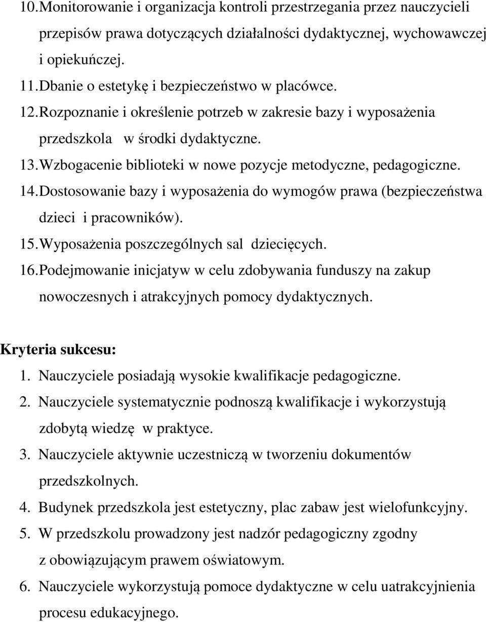 Wzbogacenie biblioteki w nowe pozycje metodyczne, pedagogiczne. 14. Dostosowanie bazy i wyposażenia do wymogów prawa (bezpieczeństwa dzieci i pracowników). 15.