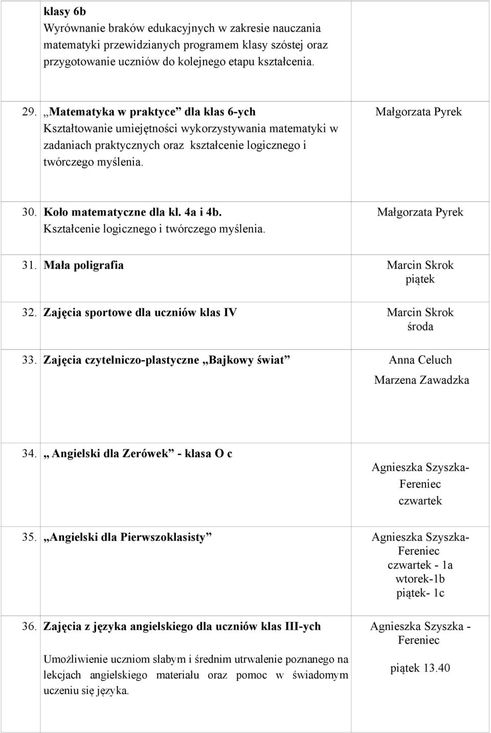 4a i 4b. Kształcenie logicznego i twórczego myślenia. 31. Mała poligrafia Marcin Skrok piątek 32. Zajęcia sportowe dla uczniów klas IV Marcin Skrok środa 33.