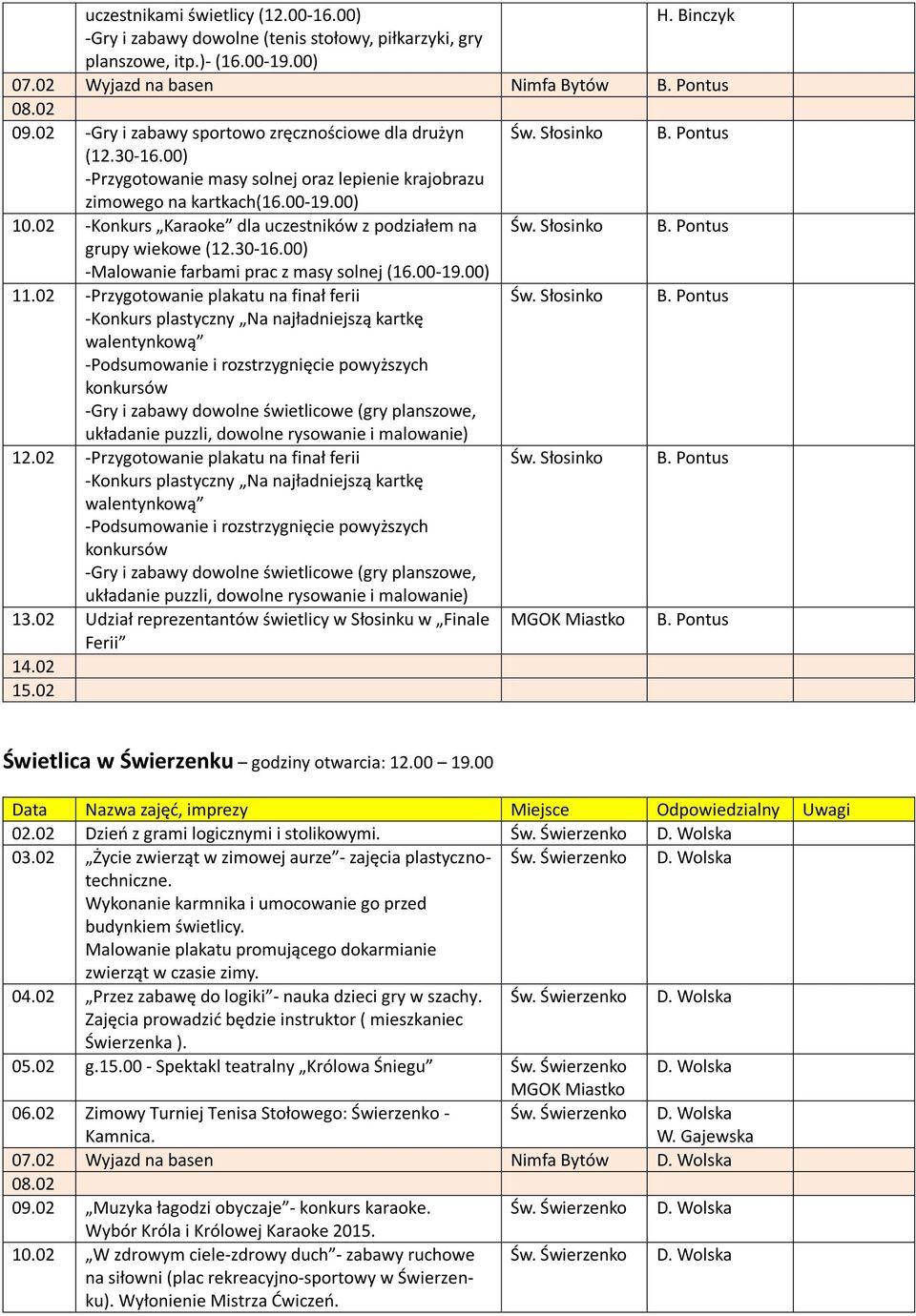 02 -Konkurs Karaoke dla uczestników z podziałem na Św. Słosinko B. Pontus grupy wiekowe (12.30-16.00) -Malowanie farbami prac z masy solnej (16.00-19.00) 11.