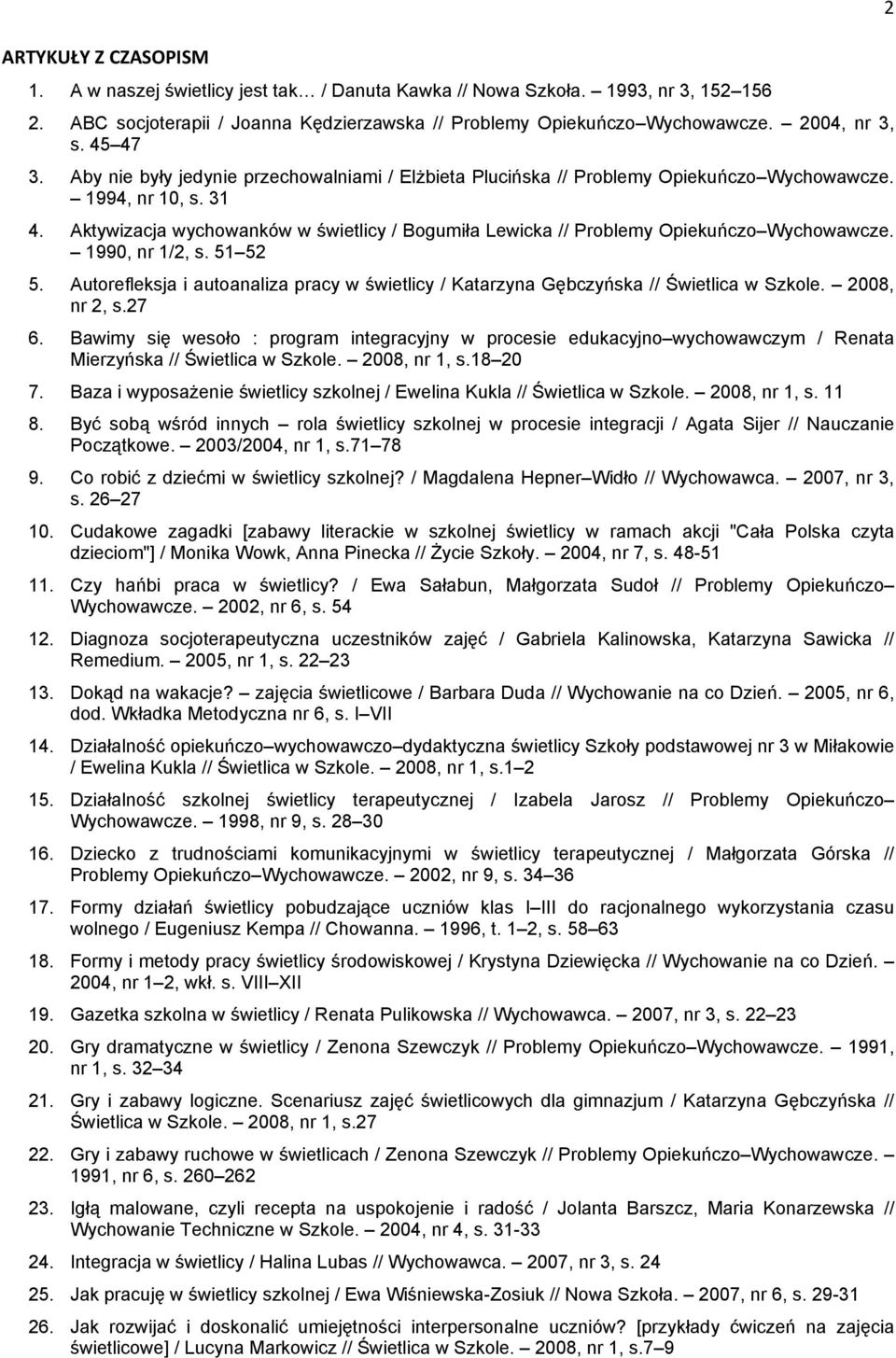 Aktywizacja wychowanków w świetlicy / Bogumiła Lewicka // Problemy Opiekuńczo Wychowawcze. 1990, nr 1/2, s. 51 52 5.