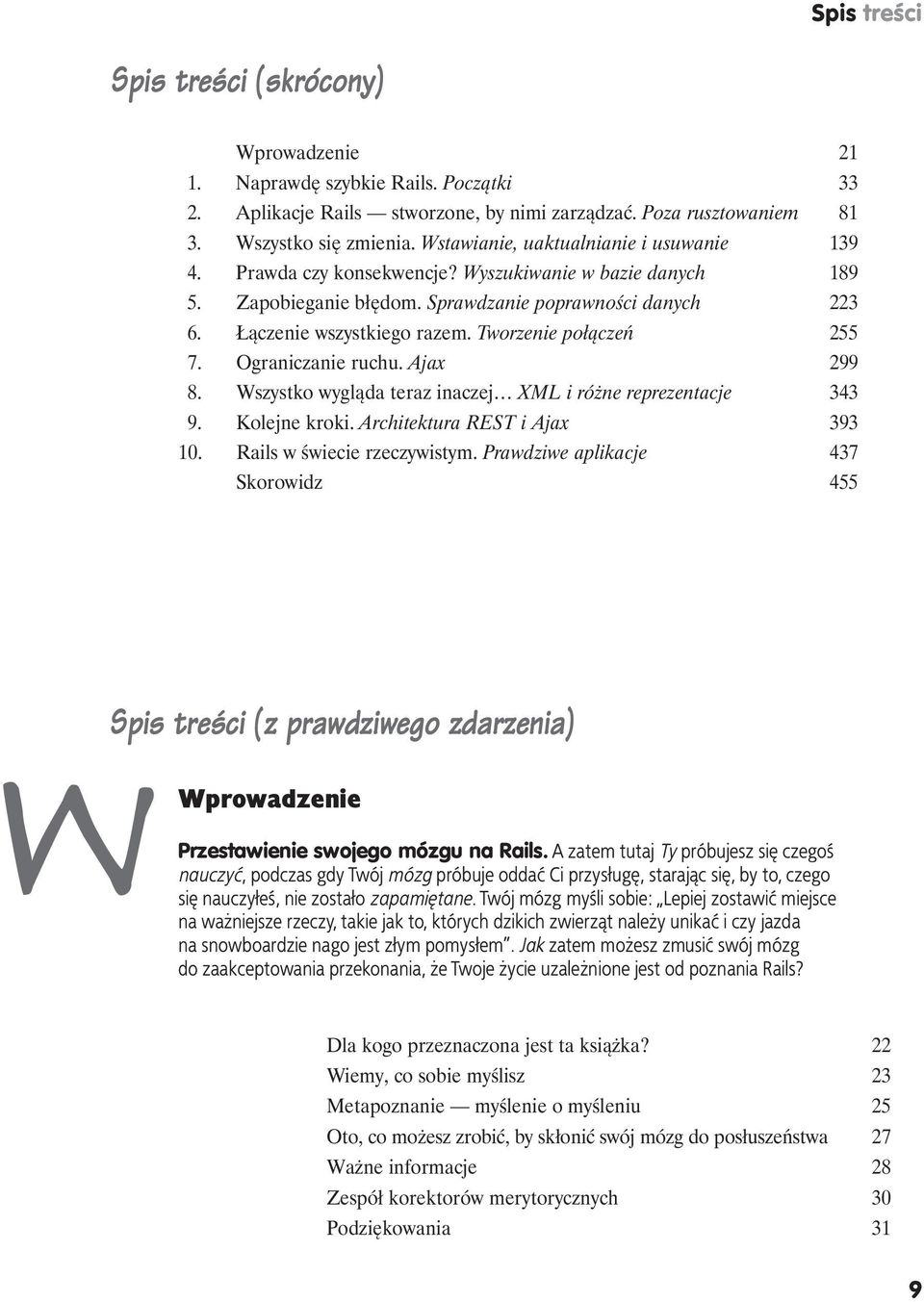 Tworzenie połączeń 255 7. Ograniczanie ruchu. Ajax 299 8. Wszystko wygląda teraz inaczej XML i różne reprezentacje 343 9. Kolejne kroki. Architektura REST i Ajax 393 10. Rails w świecie rzeczywistym.