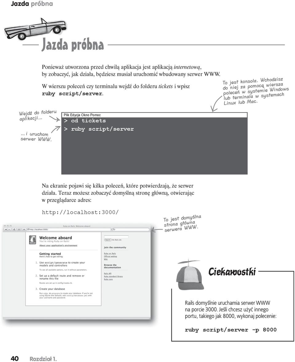 W wierszu poleceń czy terminalu wejdź do folderu tickets i wpisz ruby script/server. Plik Edycja Okno Pomoc > cd tickets > ruby script/server To jest konsola.