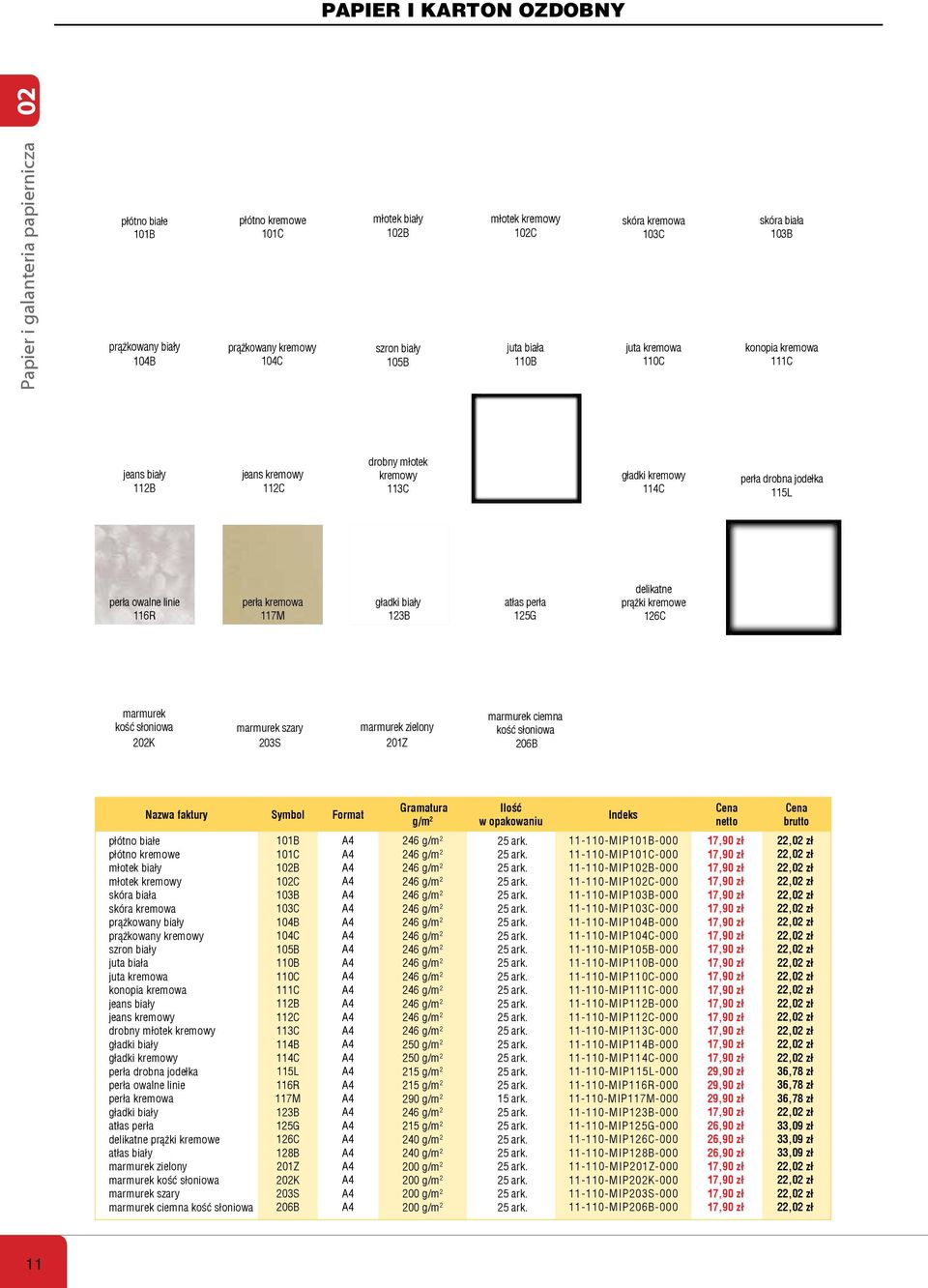 delikatne prążki kremowe 126C atłas 128B marmurek 202K marmurek szary 203S marmurek zielony 201Z marmurek ciemna 206B Nazwa faktury Symbol Format Gramatura g/m 2 Ilość w opakowaniu Indeks Cena netto