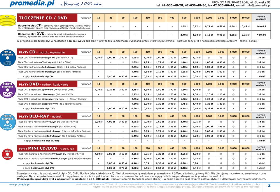 tłoczenie płyt DVD całkowity koszt gotowej płyty, łącznie z matrycą, wytłoczeniem danych oraz nadrukiem offset lub sitodruk 2,40 zł 1,38 zł 1,10 zł 0,98 zł 0,85 zł 0,75 zł 710 dni W przypadku