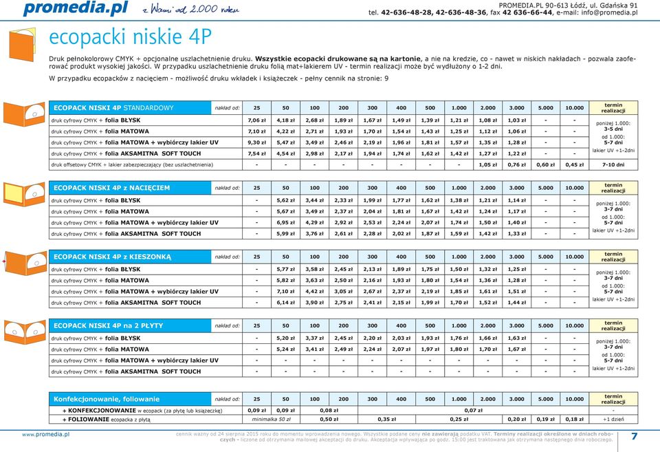 W przypadku uszlachetnienie druku folią mat+lakierem UV może być wydłużony o 12 dni.