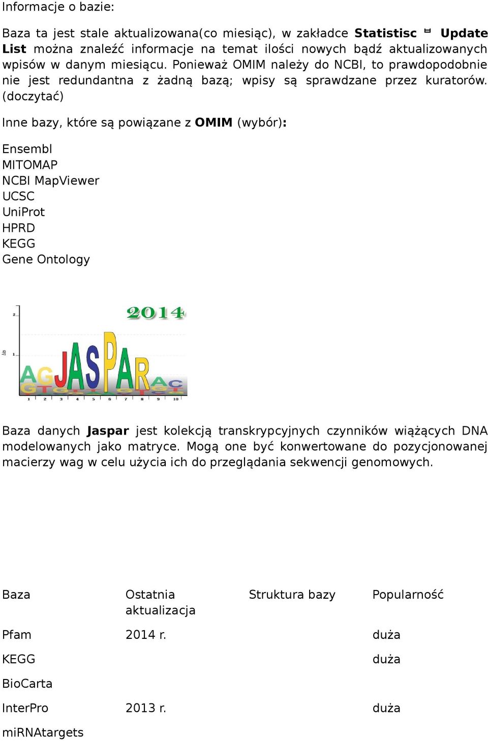 (doczytać) Inne bazy, które są powiązane z OMIM (wybór): Ensembl MITOMAP NCBI MapViewer UCSC UniProt HPRD KEGG Gene Ontology Baza danych Jaspar jest kolekcją transkrypcyjnych czynników wiążących