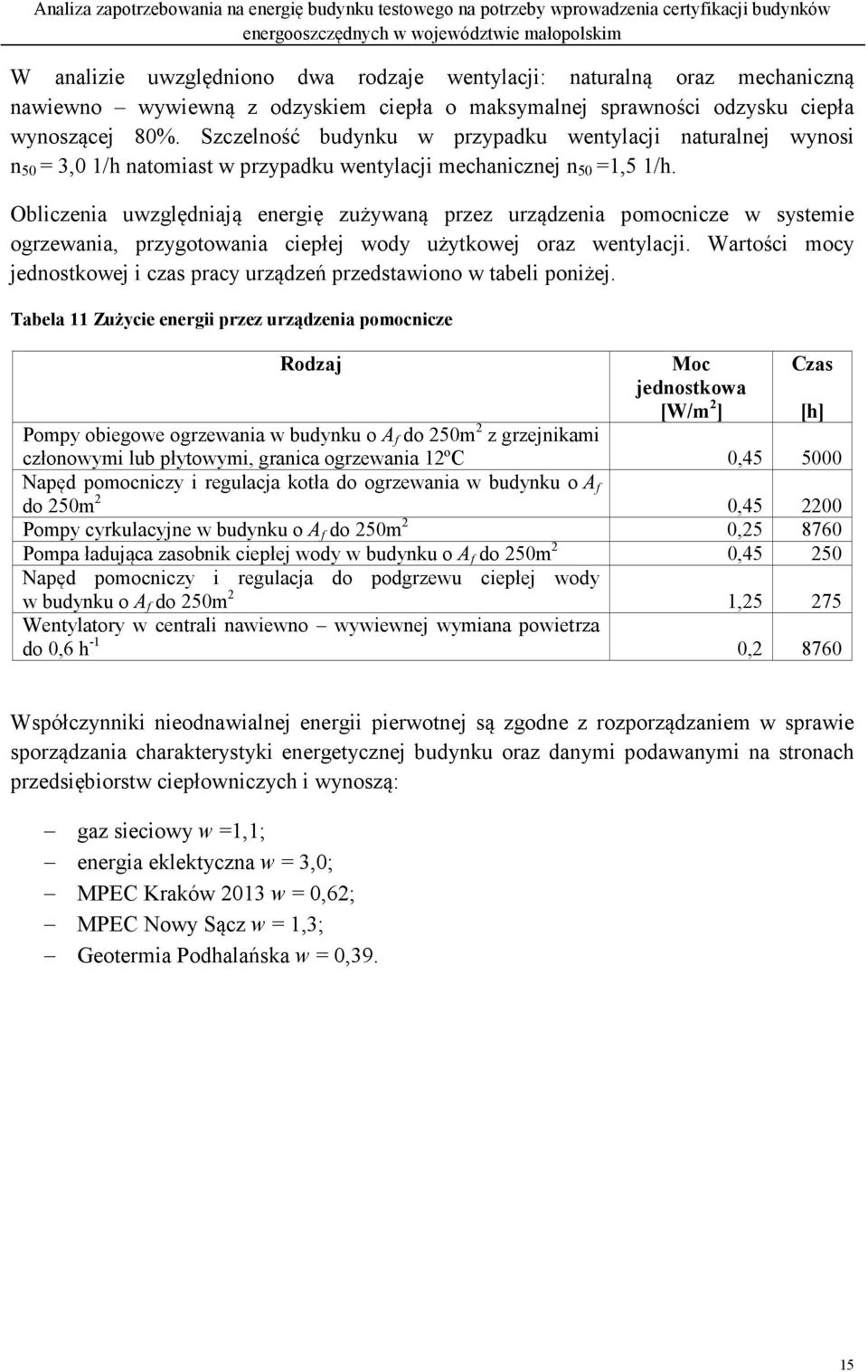 Obliczenia uwzględniają energię zużywaną przez urządzenia pomocnicze w systemie ogrzewania, przygotowania ciepłej wody użytkowej oraz wentylacji.