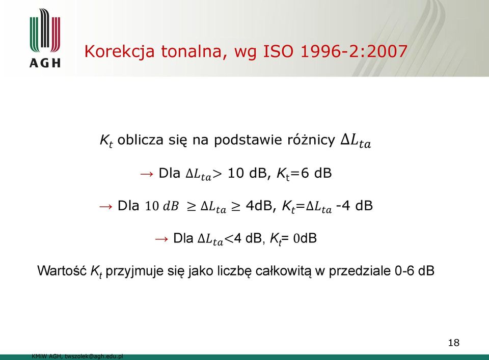 L ta -4 db Dla L ta <4 db, K t = 0dB Wartość K t przyjmuje się jako