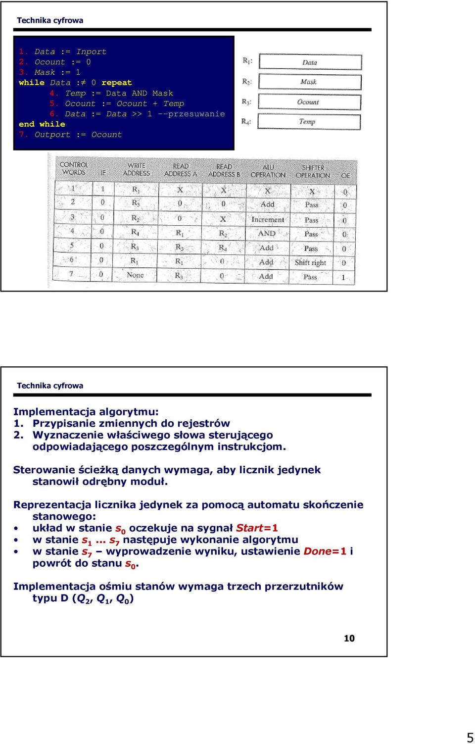 Sterowanie ścieŝką danych wymaga, aby licznik jedynek stanowił odrębny moduł.