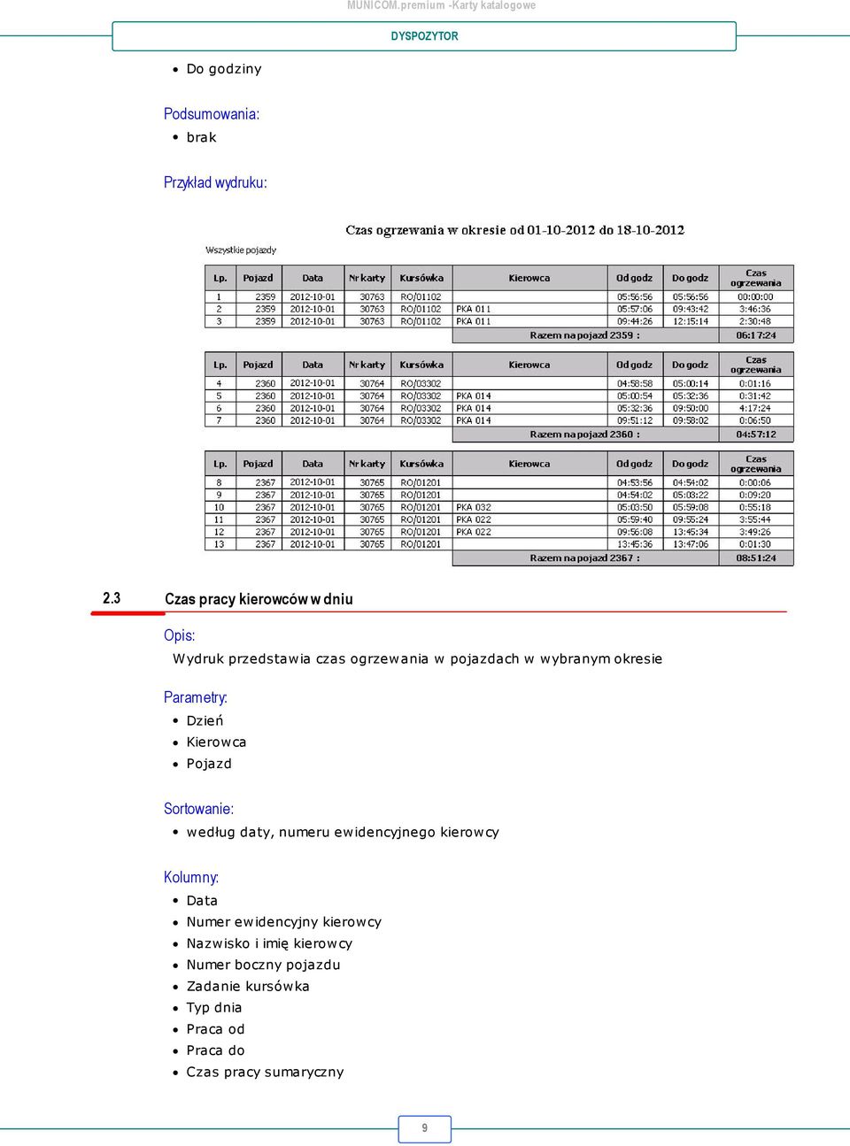 okresie Parametry: Dzień Kierowca Pojazd Sortowanie: według daty, numeru ewidencyjnego kierowcy