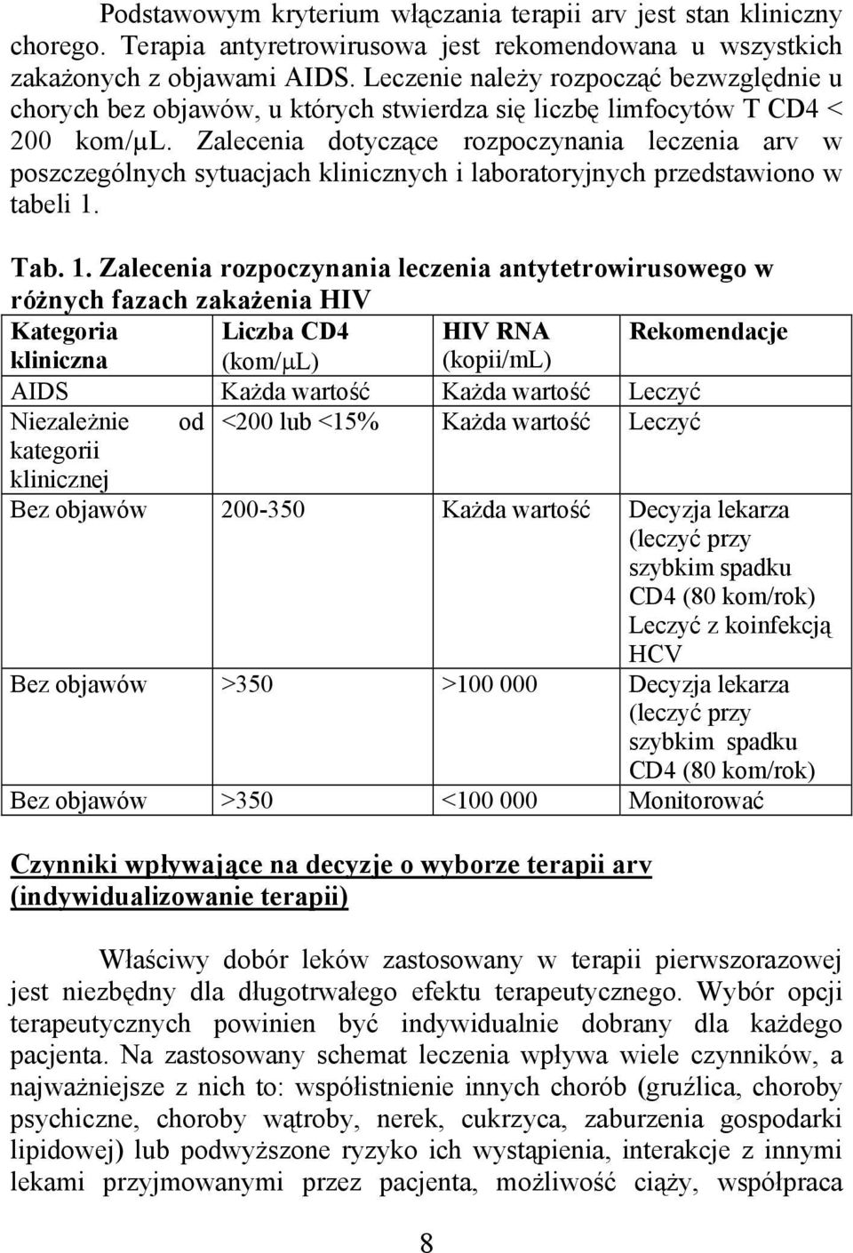 Zalecenia dotyczące rozpoczynania leczenia arv w poszczególnych sytuacjach klinicznych i laboratoryjnych przedstawiono w tabeli 1.