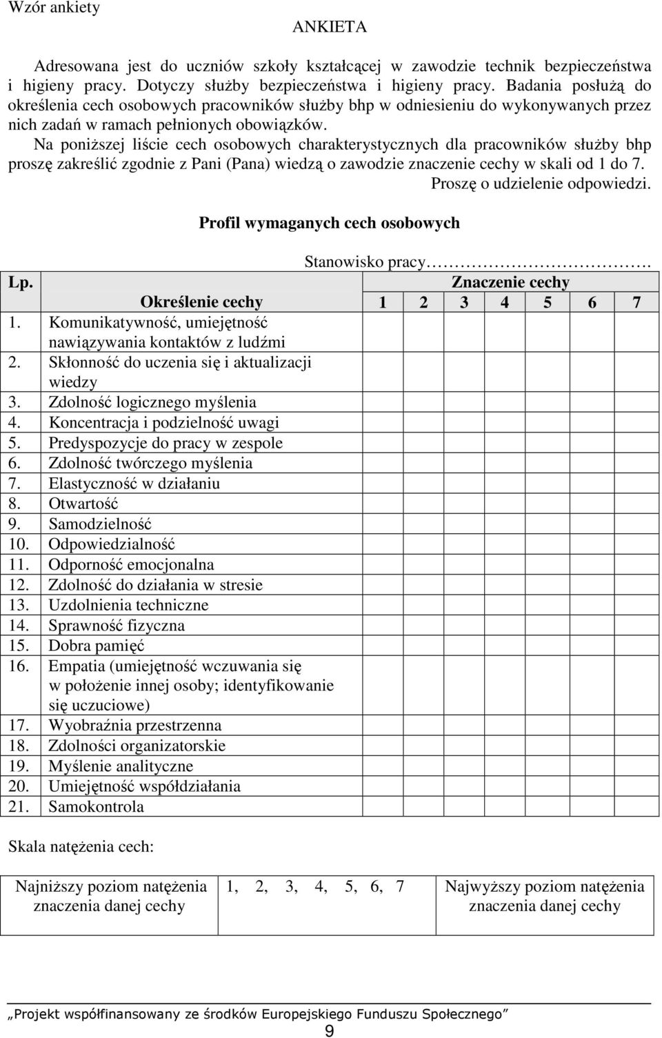 Na poniŝszej liście cech osobowych charakterystycznych dla pracowników słuŝby bhp proszę zakreślić zgodnie z Pani (Pana) wiedzą o zawodzie znaczenie cechy w skali od 1 do 7.