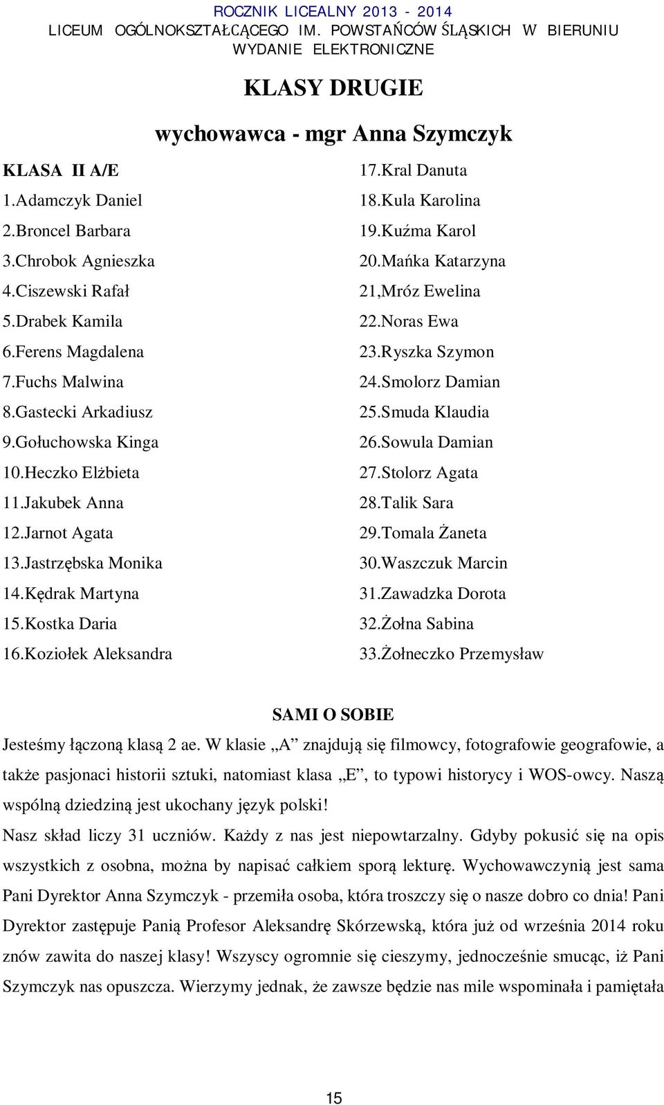 Kula Karolina 19.Ku ma Karol 20.Ma ka Katarzyna 21,Mróz Ewelina 22.Noras Ewa 23.Ryszka Szymon 24.Smolorz Damian 25.Smuda Klaudia 26.Sowula Damian 27.Stolorz Agata 28.Talik Sara 29.Tomala aneta 30.