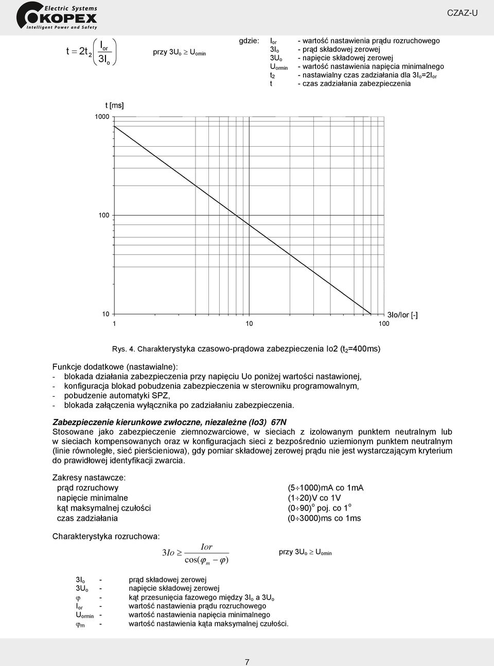 Charakterystyka czasowo-prądowa zabezpieczenia Io2 (t 2 =400ms) Funkcje dodatkowe (nastawialne): - blokada działania zabezpieczenia przy napięciu Uo poniżej wartości nastawionej, - konfiguracja