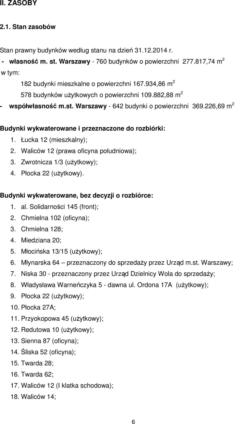 226,69 m 2 Budynki wykwaterowane i przeznaczone do rozbiórki: 1. Łucka 12 (mieszkalny); 2. Waliców 12 (prawa oficyna południowa); 3. Zwrotnicza 1/3 (użytkowy); 4. Płocka 22 (użytkowy).