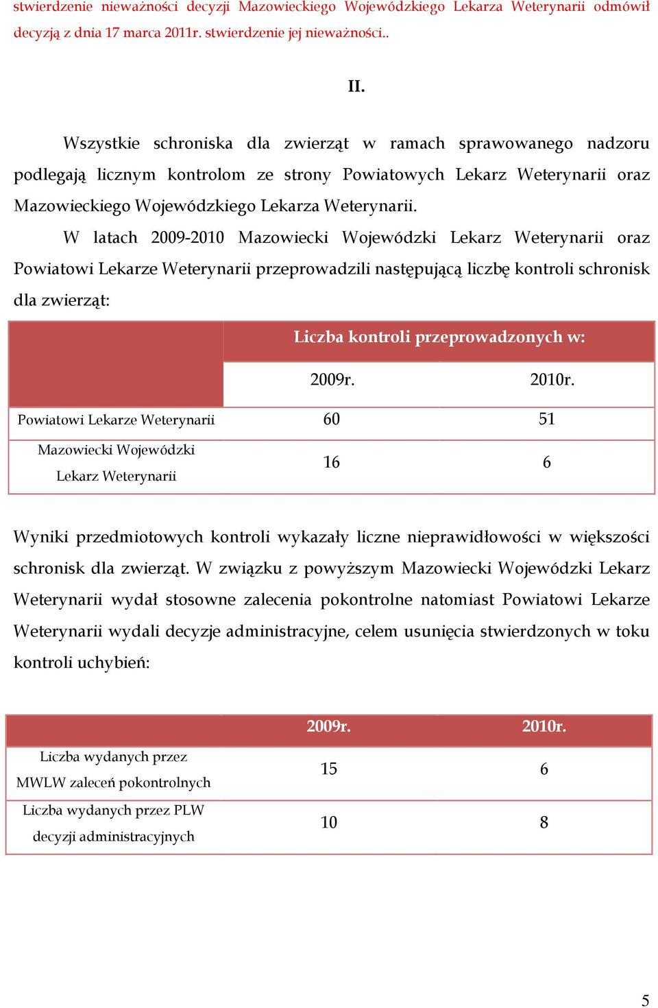 W latach 2009-2010 Mazowiecki Wojewódzki Lekarz Weterynarii oraz Powiatowi Lekarze Weterynarii przeprowadzili następującą liczbę kontroli schronisk dla zwierząt: Liczba kontroli przeprowadzonych w: