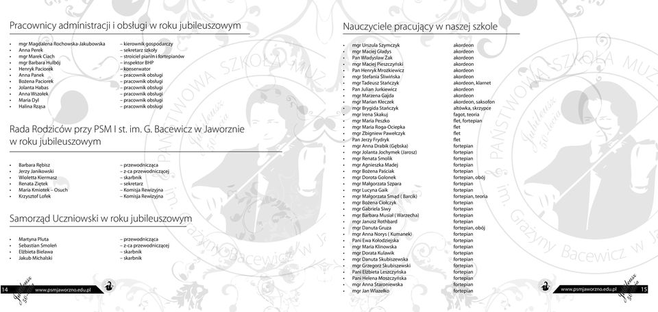 pracownik obsługi pracownik obsługi pracownik obsługi pracownik obsługi Samorząd Uczniowski w roku jubileuszowym Rada Rodziców przy PSM im. G.