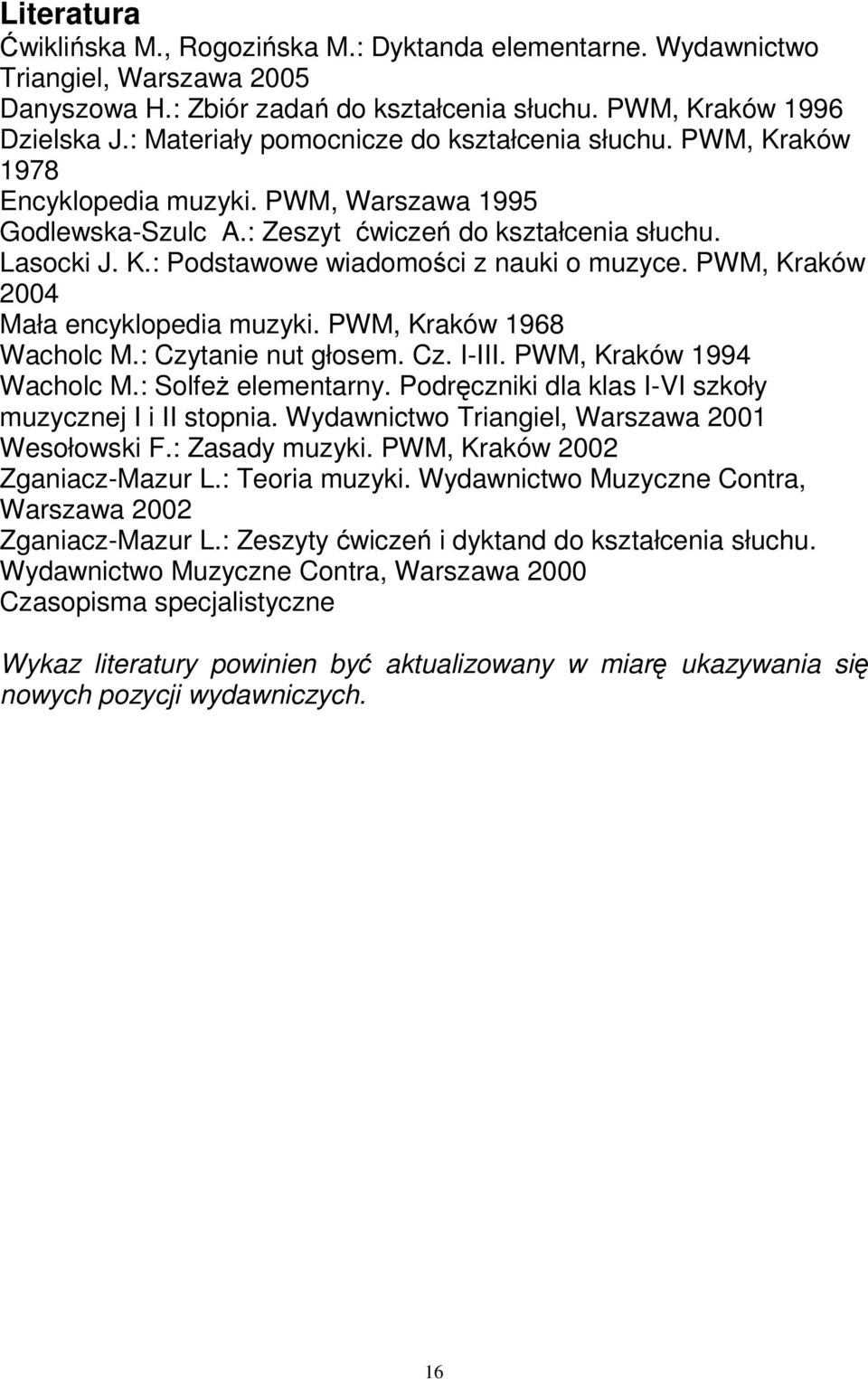 PWM, Kraków 2004 Mała encyklopedia muzyki. PWM, Kraków 1968 Wacholc M.: Czytanie nut głosem. Cz. I-III. PWM, Kraków 1994 Wacholc M.: SolfeŜ elementarny.