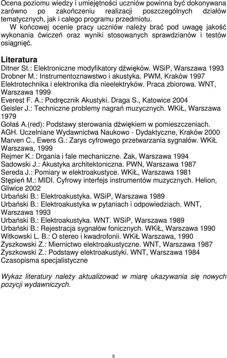 WSiP, Warszawa 1993 Drobner M.: Instrumentoznawstwo i akustyka. PWM, Kraków 1997 Elektrotechnika i elektronika dla nieelektryków. Praca zbiorowa. WNT, Warszawa 1999 Everest F. A.: Podręcznik Akustyki.