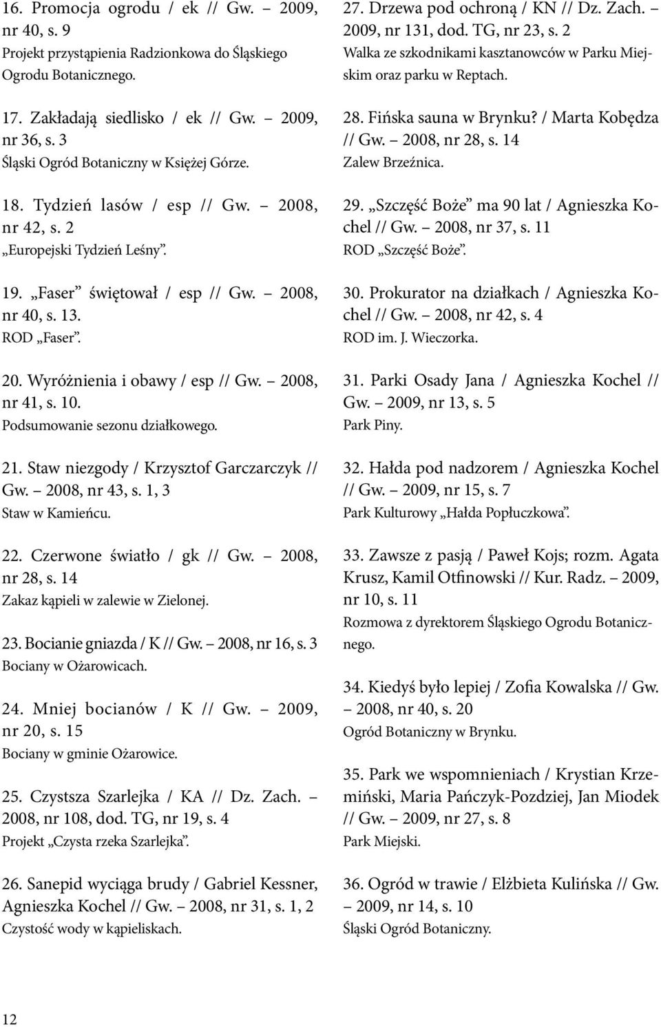 2008, nr 41, s. 10. Podsumowanie sezonu działkowego. 21. Staw niezgody / Krzysztof Garczarczyk // Gw. 2008, nr 43, s. 1, 3 Staw w Kamieńcu. 22. Czerwone światło / gk // Gw. 2008, nr 28, s.