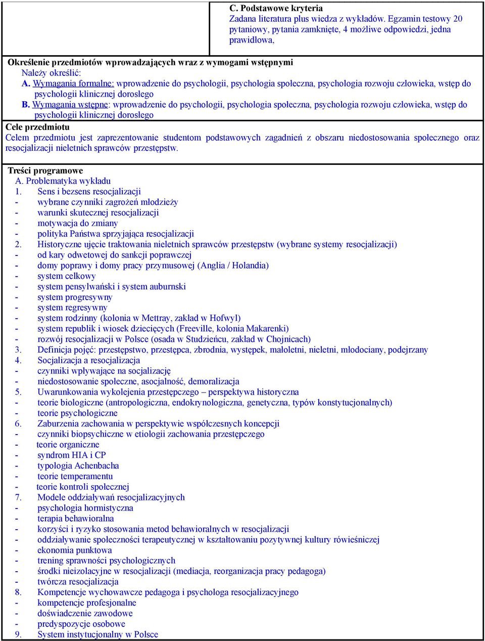 Wymagania formalne: wprowadzenie do psychologii, psychologia społeczna, psychologia rozwoju człowieka, wstęp do psychologii klinicznej dorosłego B.