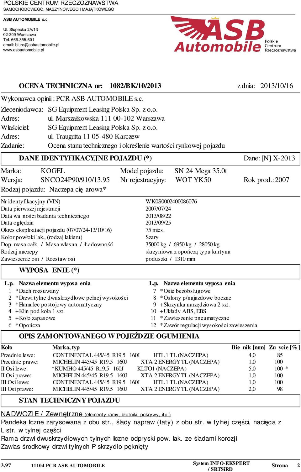 Traugutta 11 05-480 Karczew Zadanie: Ocena stanu technicznego i określenie wartości rynkowej pojazdu DANE IDENTYFIKACYJNE POJAZDU (*) Marka: KOGEL Wersja: SNCO24P90/910/13.
