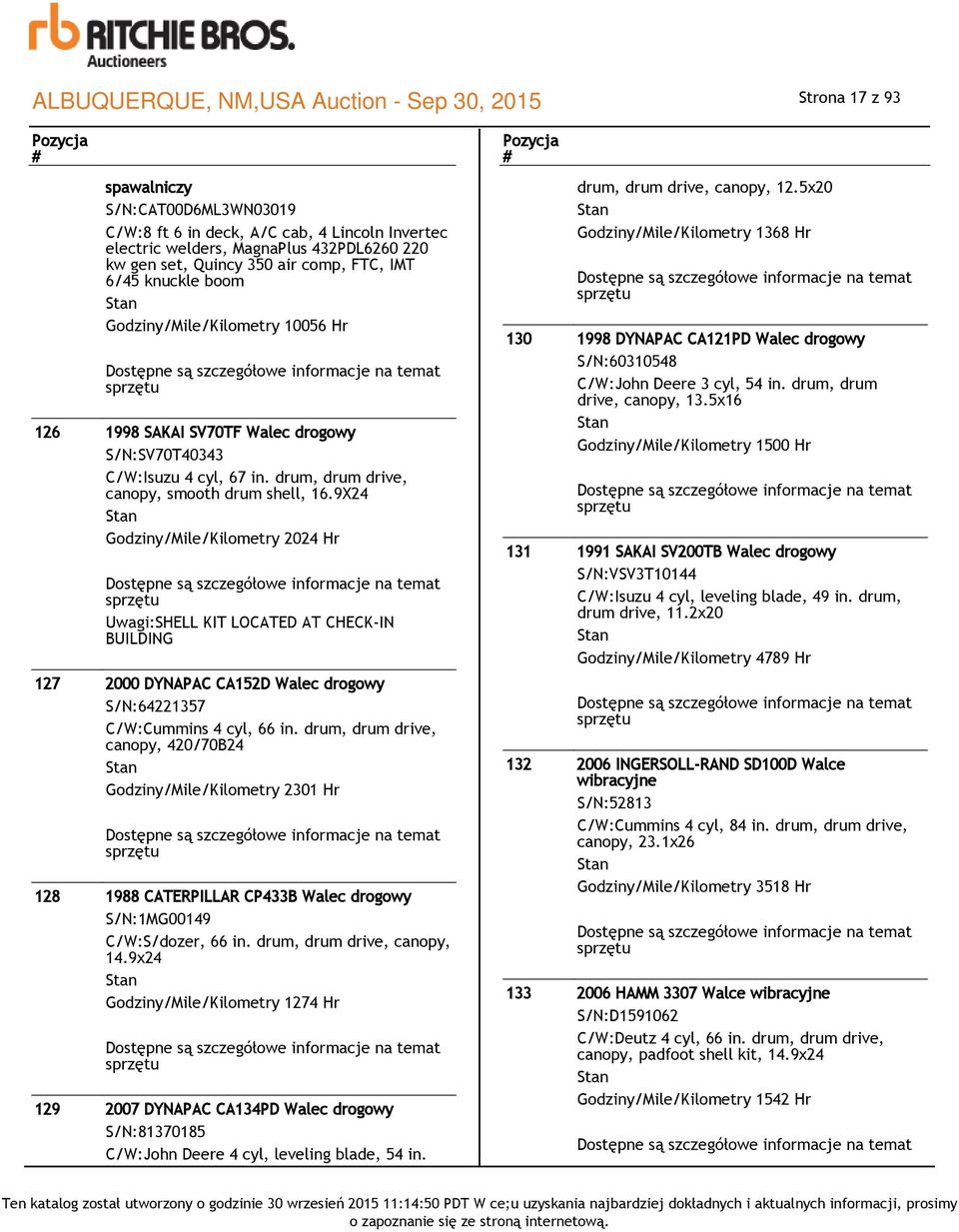 9X24 Godziny/Mile/Kilometry 2024 Hr Uwagi:SHELL KIT LOCATED AT CHECK-IN BUILDING 127 2000 DYNAPAC CA152D Walec drogowy S/N:64221357 C/W:Cummins 4 cyl, 66 in.