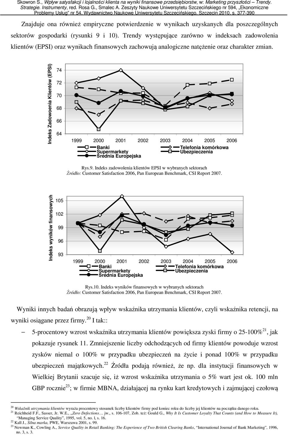 Indeks Zadowoenia Klientów (EPSI) 74 72 70 68 66 64 1999 2000 2001 2002 2003 2004 2005 2006 Banki Supermarkety Średnia Europejska Telefonia komórkowa Ubezpieczenia Rys.9. Indeks zadowolenia klientów EPSI w wybranych sektorach Źródło: Customer Satisfaction 2006, Pan European Benchmark, CSI Report 2007.