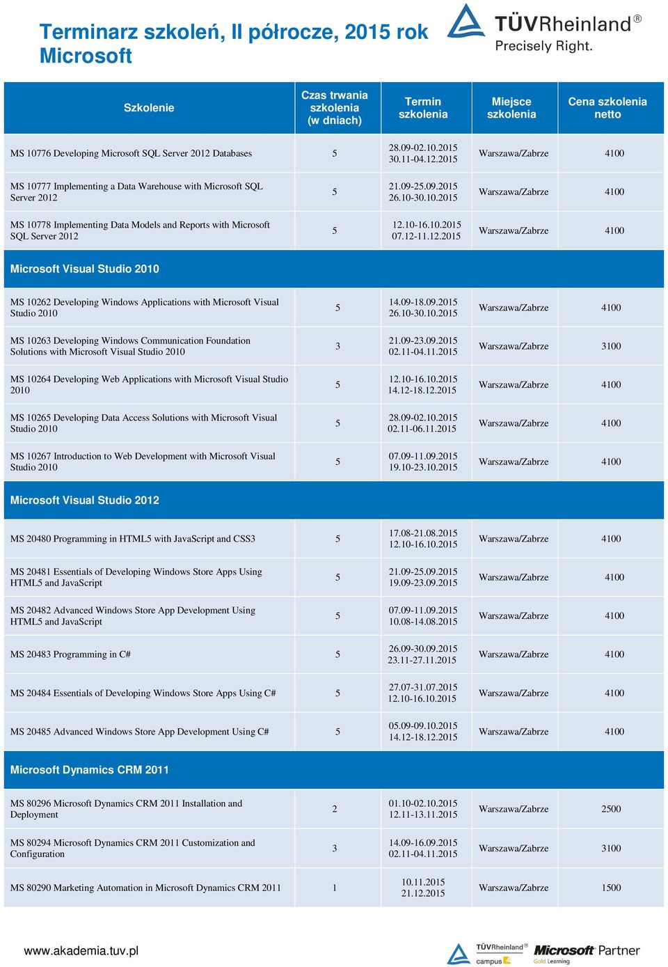 09-2.09.201 02.11-04.11.201 MS 10264 Developing Web Applications with Visual Studio 2010 12.10-16.10.201 14.12-18.12.201 MS 1026 Developing Data Access Solutions with Visual 28.09-02.10.201 02.11-06.