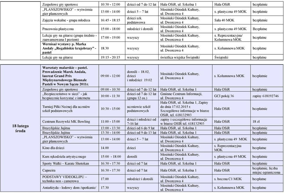 Reprezentacyjna/ 17:00-19:00 wszyscy zaawansowana I poziom) Kolumnowa Wernisaż wystawy p. Marka Andały Rogalińskie krajobrazy - 18.30 wszyscy s.