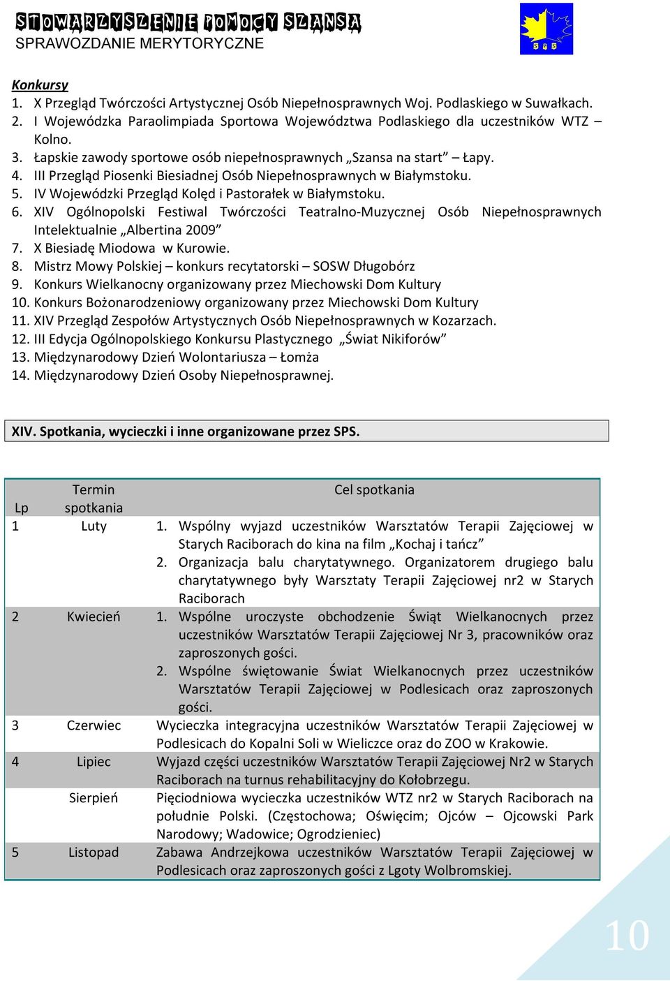 IV Wojewódzki Przegląd Kolęd i Pastorałek w Białymstoku. 6. XIV Ogólnopolski Festiwal Twórczości Teatralno-Muzycznej Osób Niepełnosprawnych Intelektualnie Albertina 2009 7.