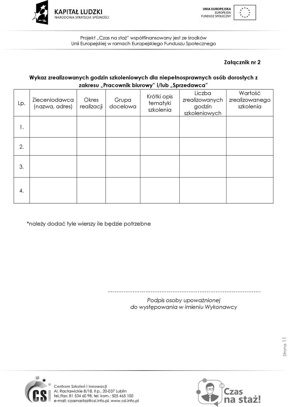 i/lub Sprzedawca Zleceniodawca (nazwa, adres) Okres realizacji Grupa docelowa Krótki opis tematyki szkolenia