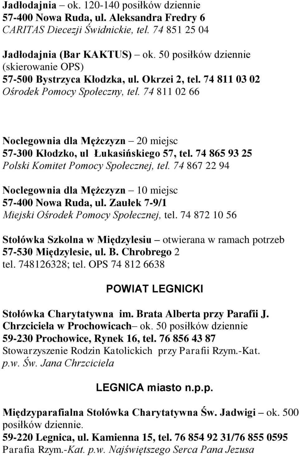 74 811 02 66 Noclegownia dla Mężczyzn 20 miejsc 57-300 Kłodzko, ul Łukasińskiego 57, tel. 74 865 93 25 Polski Komitet Pomocy Społecznej, tel.