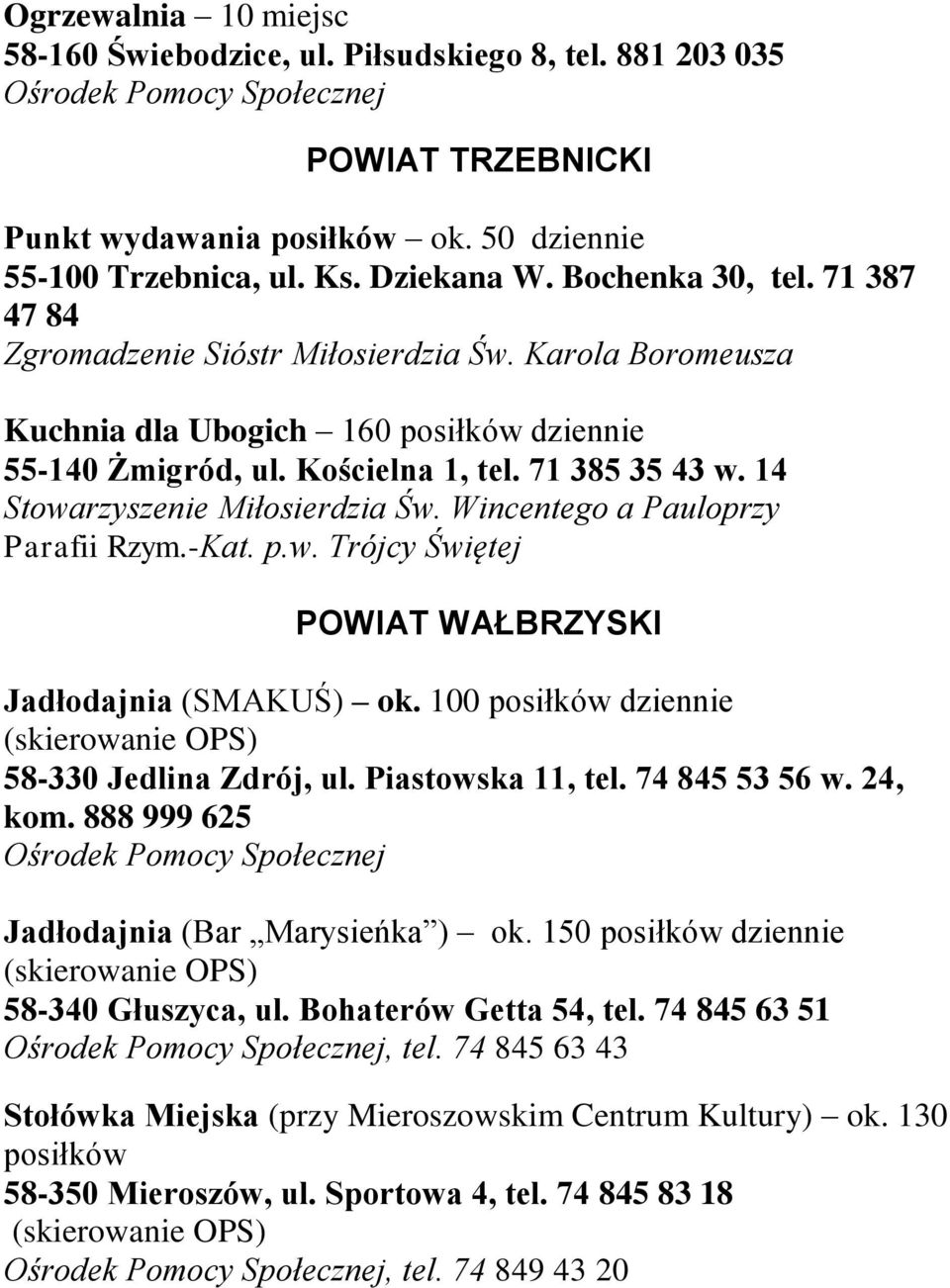 14 Stowarzyszenie Miłosierdzia Św. Wincentego a Pauloprzy Parafii Rzym.-Kat. p.w. Trójcy Świętej POWIAT WAŁBRZYSKI Jadłodajnia (SMAKUŚ) ok. 100 posiłków (skierowanie OPS) 58-330 Jedlina Zdrój, ul.