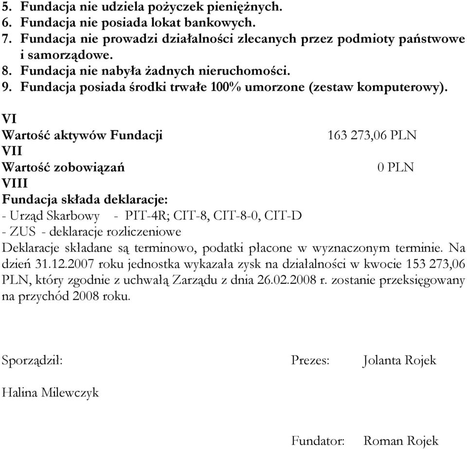 VI Wartość aktywów Fundacji 163 273,06 PLN VII Wartość zobowiązań 0 PLN VIII Fundacja składa deklaracje: - Urząd Skarbowy - PIT-4R; CIT-8, CIT-8-0, CIT-D - ZUS - deklaracje rozliczeniowe Deklaracje