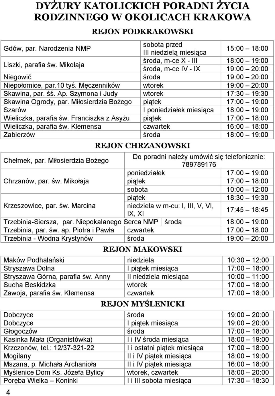 Szymona i Judy wtorek 17:30 19:30 Skawina Ogrody, par. Miłosierdzia Bożego piątek 17:00 19:00 Szarów I poniedziałek miesiąca 18:00 19:00 Wieliczka, parafia św.