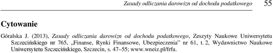 Uniwersytetu Szczecińskiego nr 765, Finanse, Rynki Finansowe, Ubezpieczenia nr