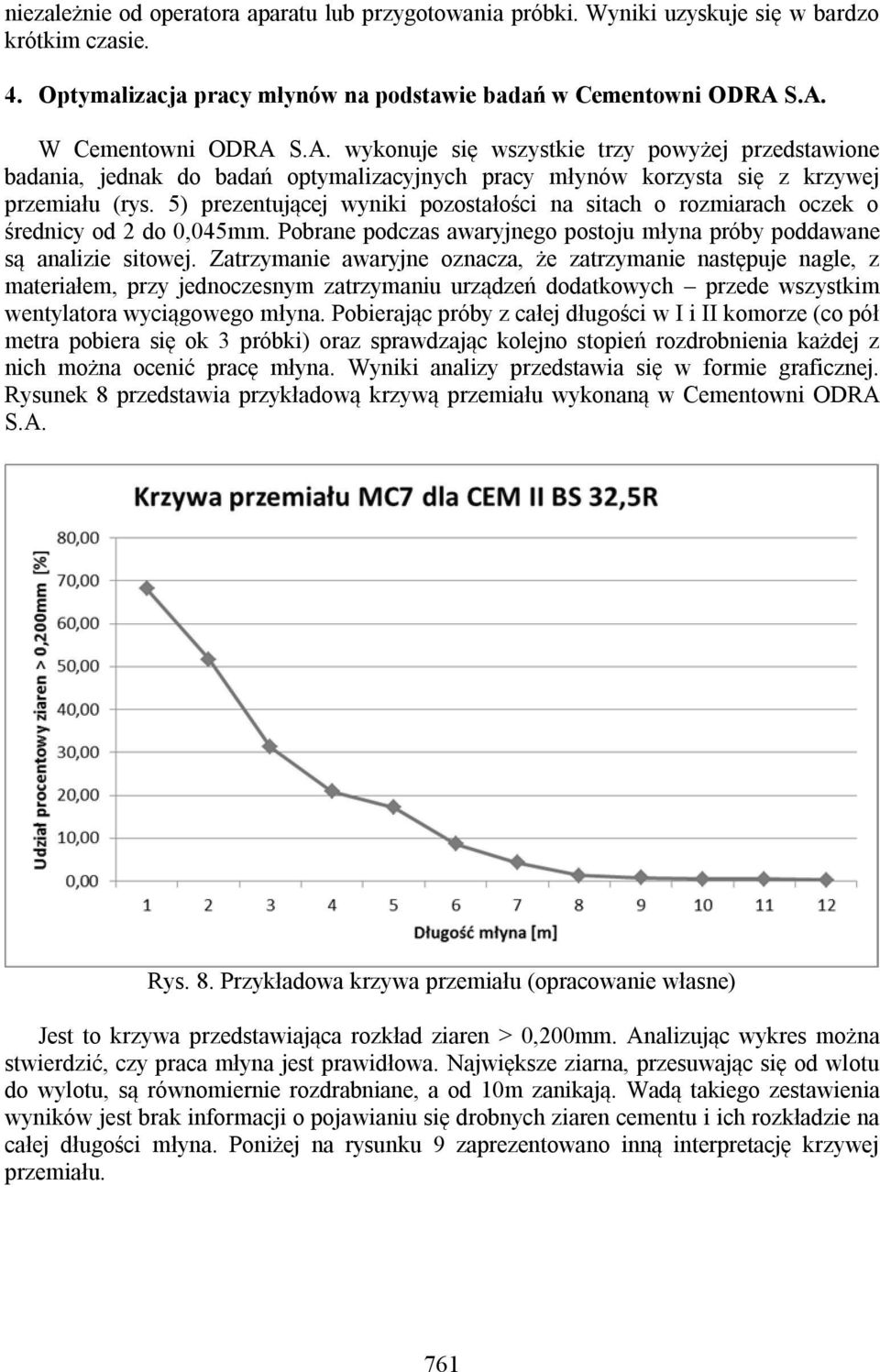 5) prezentującej wyniki pozostałości na sitach o rozmiarach oczek o średnicy od 2 do 0,045mm. Pobrane podczas awaryjnego postoju młyna próby poddawane są analizie sitowej.