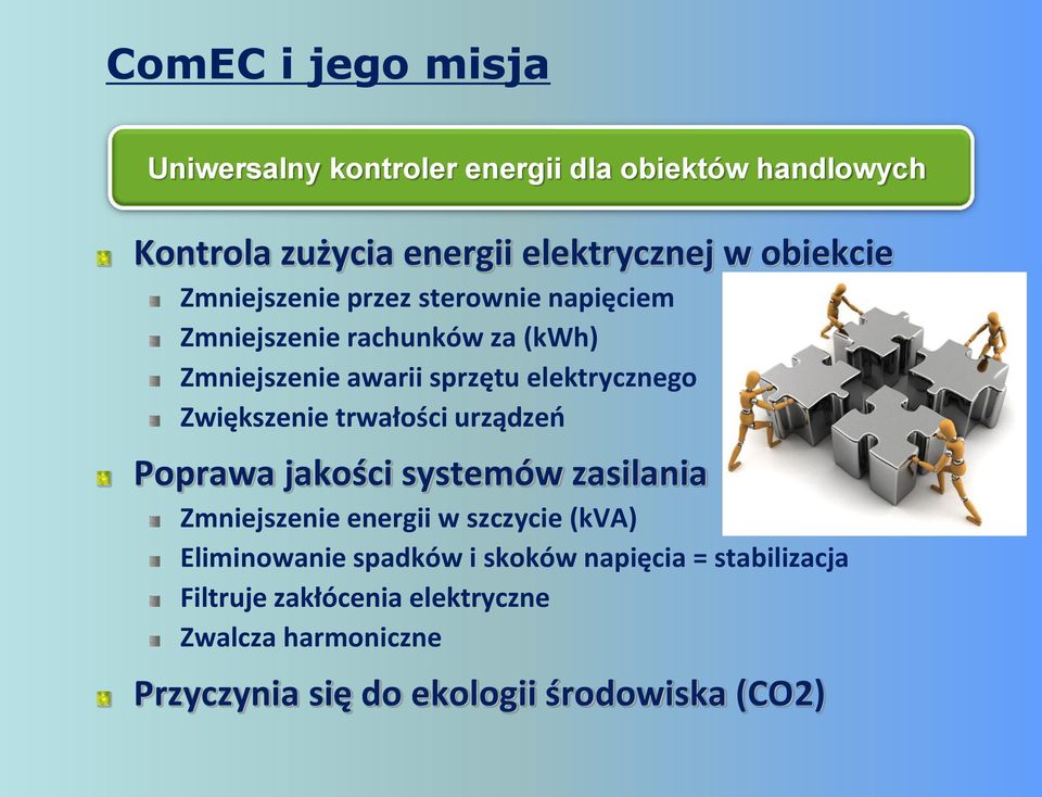 Zwiększenie trwałości urządzeń Poprawa jakości systemów zasilania Zmniejszenie energii w szczycie (kva) Eliminowanie