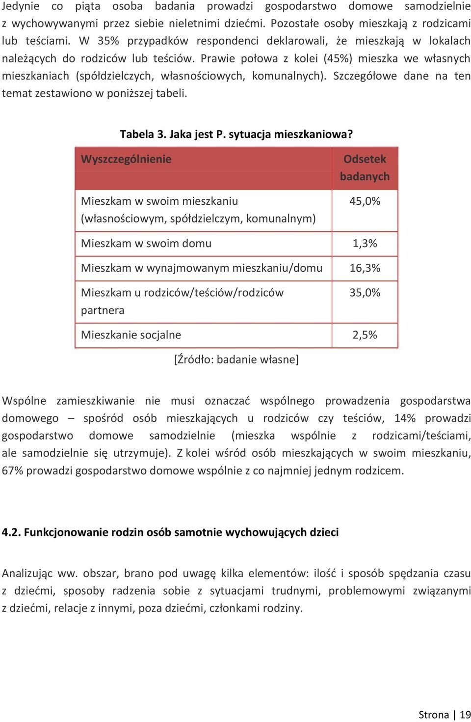 Prawie połowa z kolei (45%) mieszka we własnych mieszkaniach (spółdzielczych, własnościowych, komunalnych). Szczegółowe dane na ten temat zestawiono w poniższej tabeli. Tabela 3. Jaka jest P.