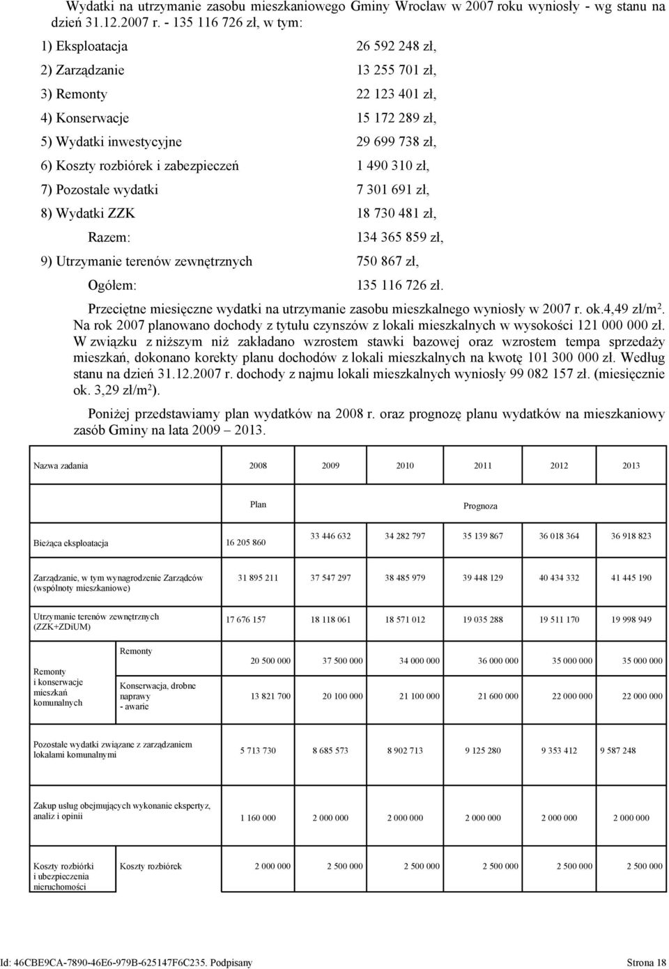 - 135 116 726 zł, w tym: 1) Eksploatacja 26 592 248 zł, 2) Zarządzanie 13 255 701 zł, 3) Remonty 22 123 401 zł, 4) Konserwacje 15 172 289 zł, 5) Wydatki inwestycyjne 29 699 738 zł, 6) Koszty