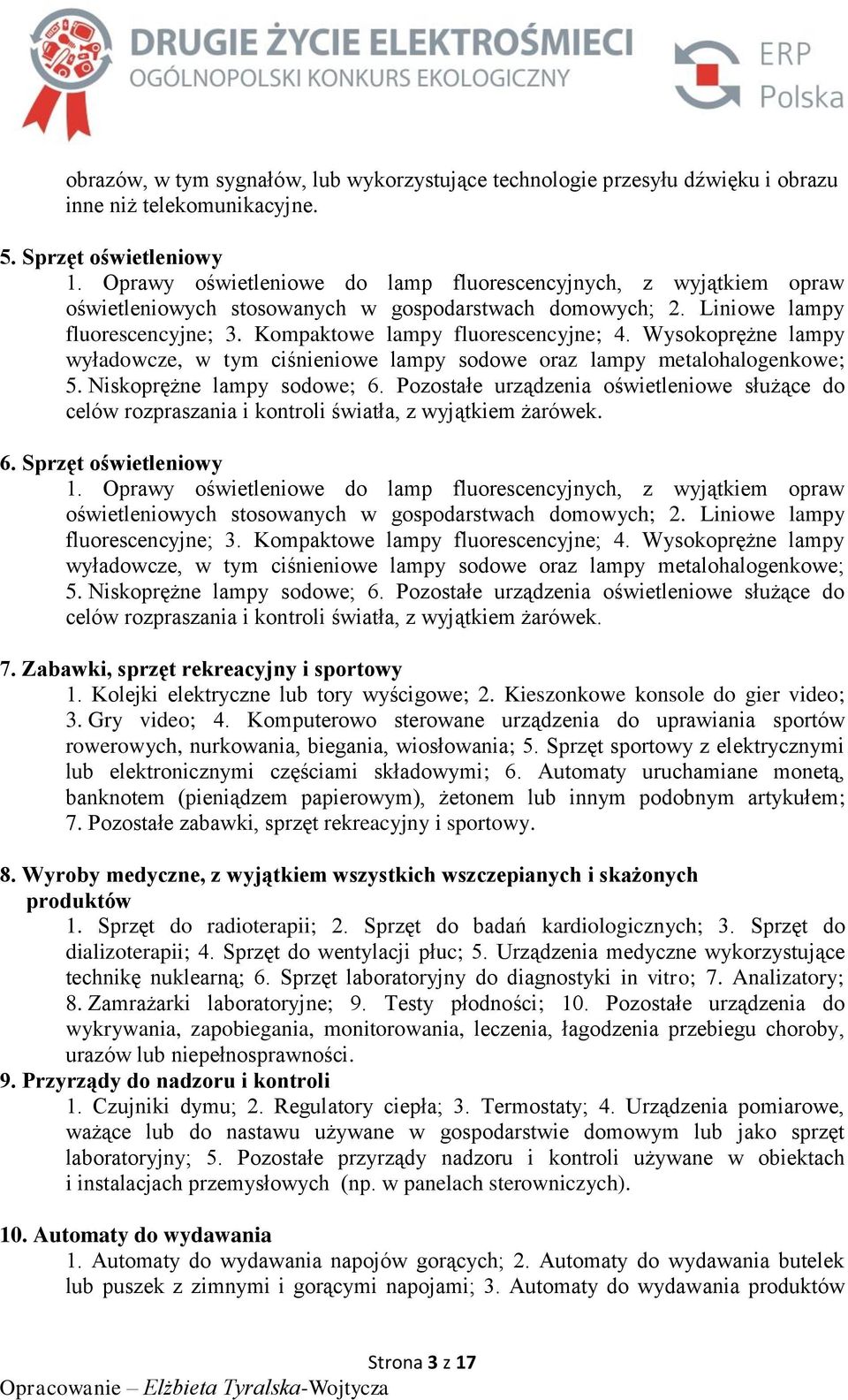 Wysokoprężne lampy wyładowcze, w tym ciśnieniowe lampy sodowe oraz lampy metalohalogenkowe; 5. Niskoprężne lampy sodowe; 6.