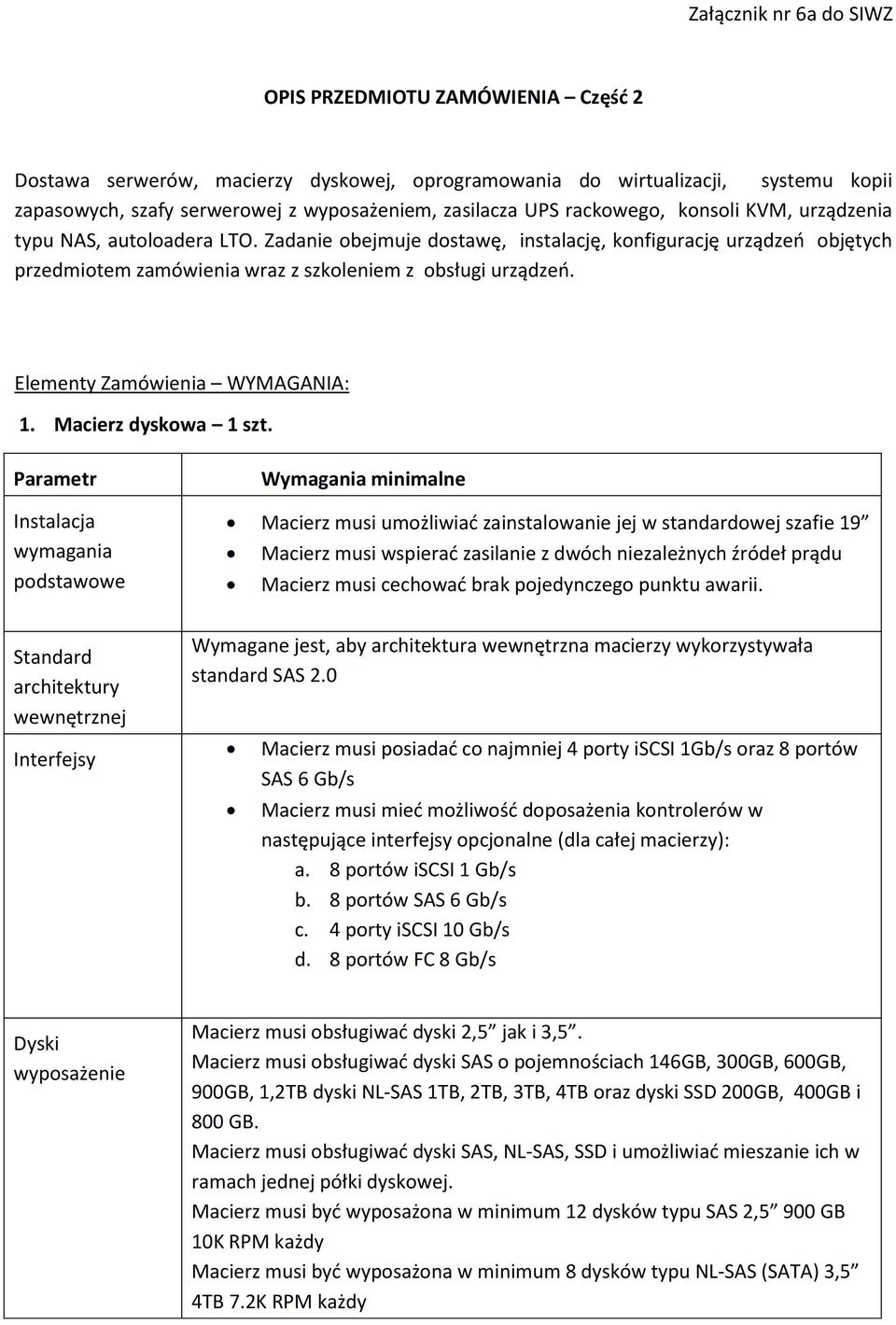 Elementy Zamówienia WYMAGANIA: 1. Macierz dyskowa 1 szt.