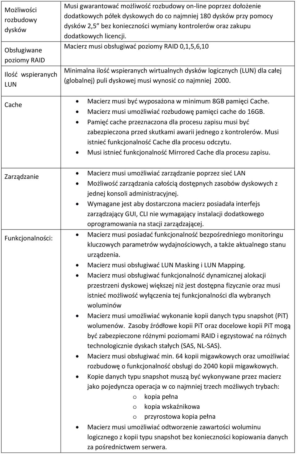 Macierz musi obsługiwad poziomy RAID 0,1,5,6,10 Minimalna ilośd wspieranych wirtualnych dysków logicznych (LUN) dla całej (globalnej) puli dyskowej musi wynosid co najmniej 2000.