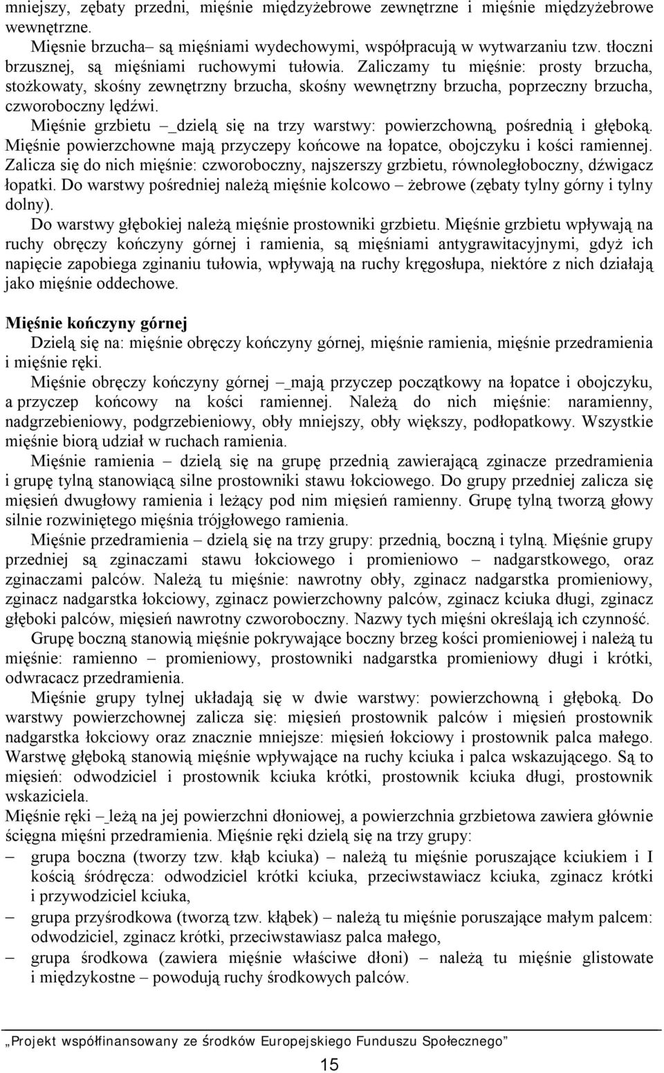 Mięśnie grzbietu dzielą się na trzy warstwy: powierzchowną, pośrednią i głęboką. Mięśnie powierzchowne mają przyczepy końcowe na łopatce, obojczyku i kości ramiennej.